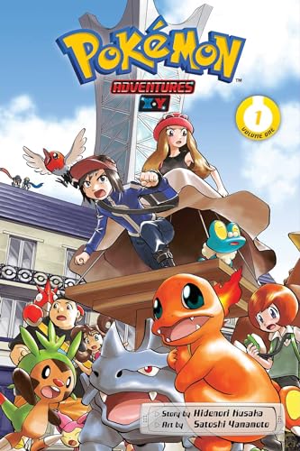 Manga cover featuring Pokémon characters and creatures in front of a tall tower.