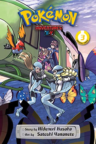 Manga cover featuring characters skydiving from a helicopter surrounded by colorful butterfly Pokémon.