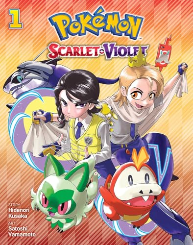 Manga cover featuring two characters and Sprigatito and Fuecoco on an orange background.