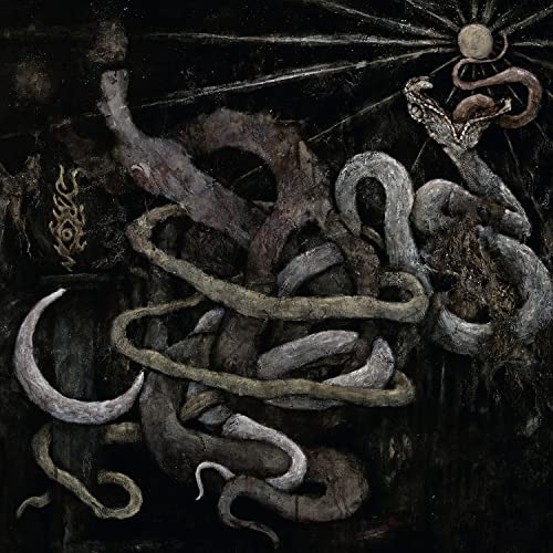 Dark, abstract album cover with twisting shapes and a central sun-like form.