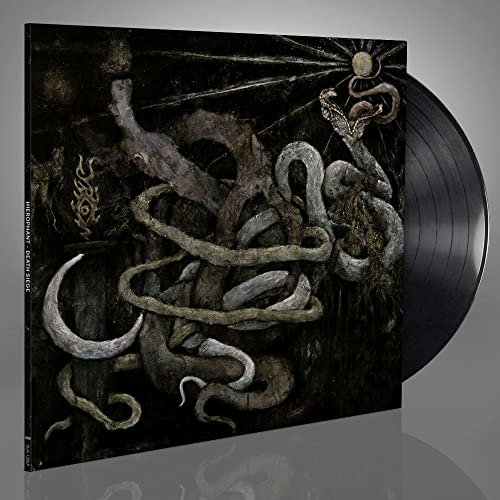 Vinyl record and cover art featuring dark, surreal imagery of entwined organic forms.