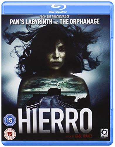 Blu-ray cover for the film Hierro featuring a woman's face superimposed over a landscape.