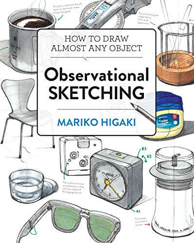 Book cover with sketches of everyday objects: chair, clock, sunglasses, coffee pot.