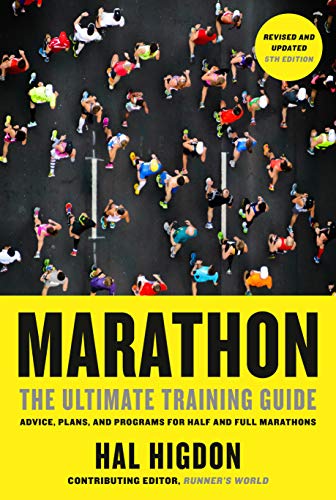 Book cover showing runners from above with yellow title text Marathon by Hal Higdon.