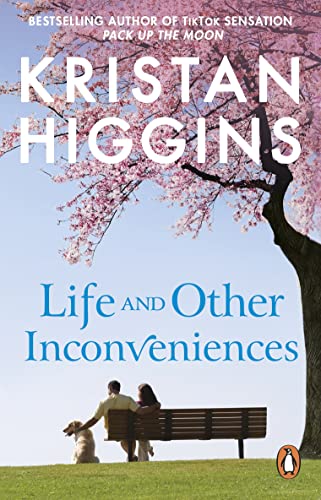 Book cover with a tree, couple on a bench, and pink blossoms.