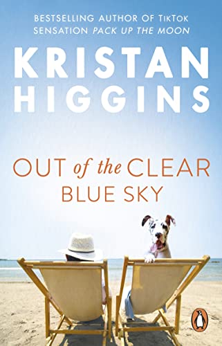 Book cover with beach scene, two chairs, and a spotted dog.