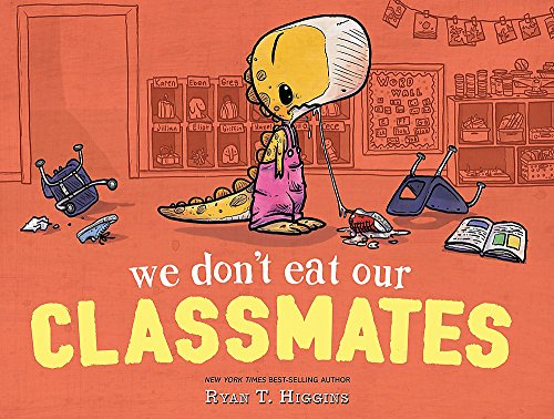 Yellow dinosaur in overalls stands in a messy classroom.