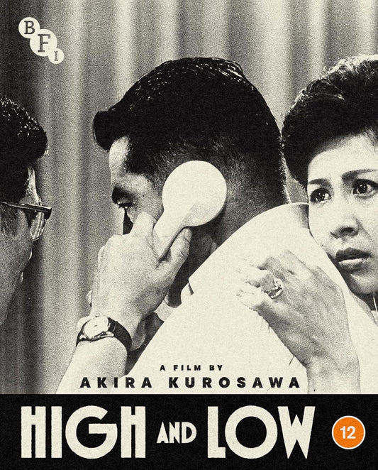 Black and white Blu-ray cover for High and Low featuring a man on telephone.