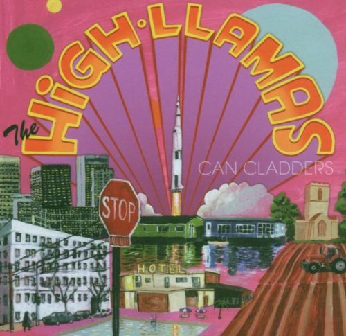 The image is a vibrant album cover featuring a surreal cityscape. "Album cover with cityscape, rocket, and 'High Llamas' in bold, colorful lettering."