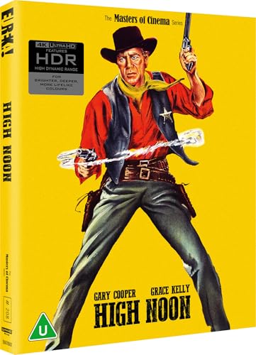 Blu-ray cover art for High Noon featuring a cowboy holding a gun on yellow.