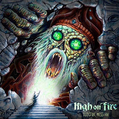A monstrous figure with glowing green eyes emerging from stone ruins above a staircase.