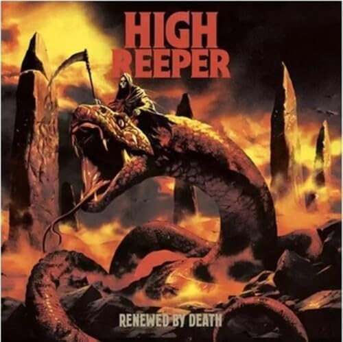 Album cover: Grim reaper riding a serpent amidst jagged, dark peaks.