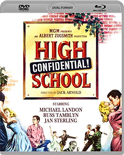 High School Confidential!" Blu-ray cover with illustrated teenagers and brick background.