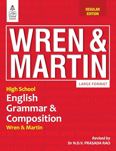 Red textbook cover with white “Wren & Martin” text, grammar and composition.