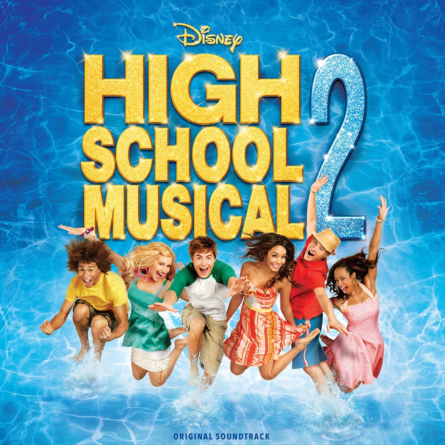 “High School Musical 2” soundtrack album cover with cast jumping in water.