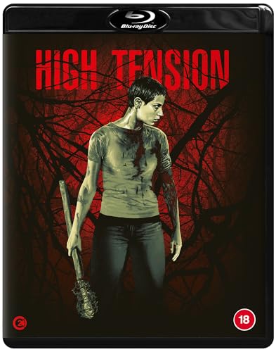 High Tension" Blu-ray cover: injured woman stands before dark, tangled trees.