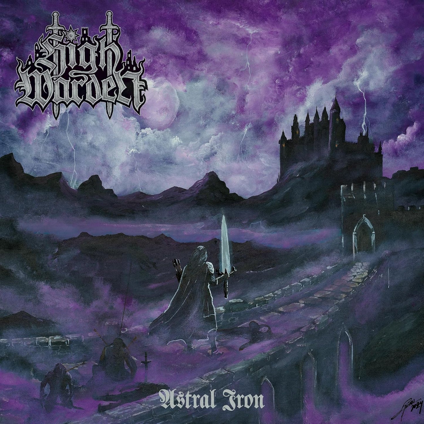 A warrior with a glowing sword stands before a dark castle under purple skies.