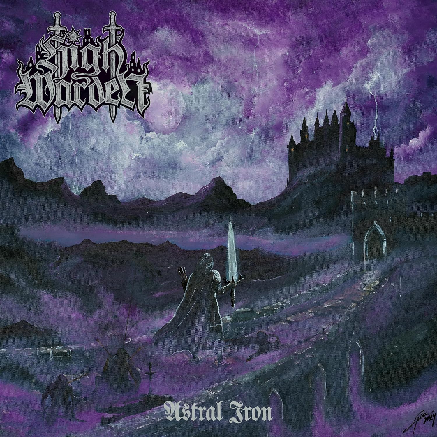 A warrior with a glowing sword stands before a dark castle under purple skies.