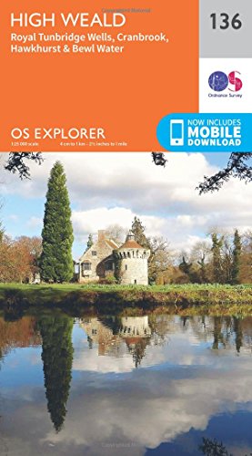Ordnance Survey Explorer map 136 of High Weald area with lakeside scene.