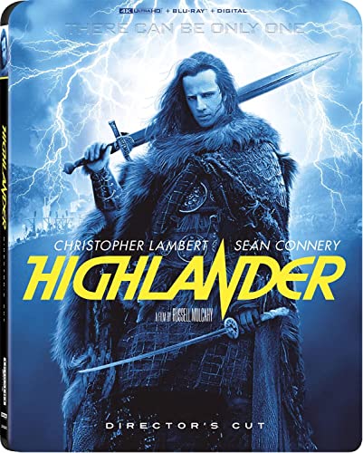 Highlander Blu-ray cover featuring Christopher Lambert with swords, stormy background.