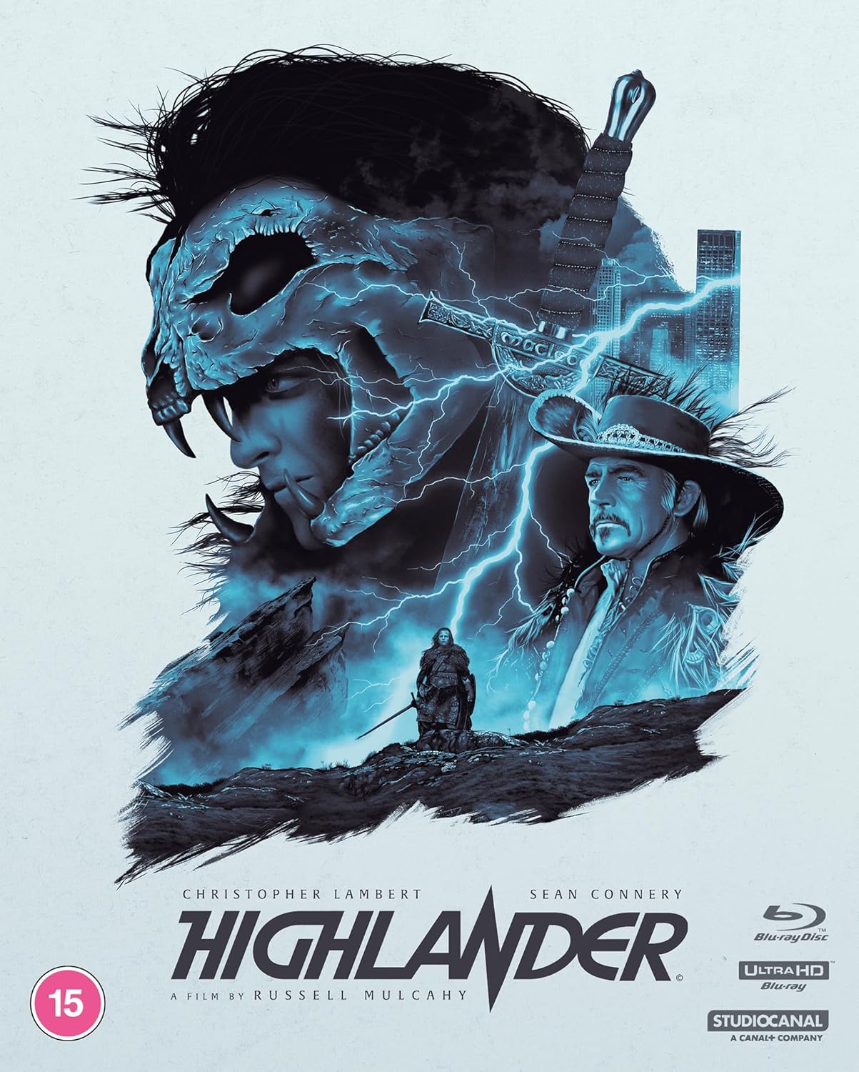 Highlander movie poster featuring Christopher Lambert and Sean Connery with blue lightning and sword.