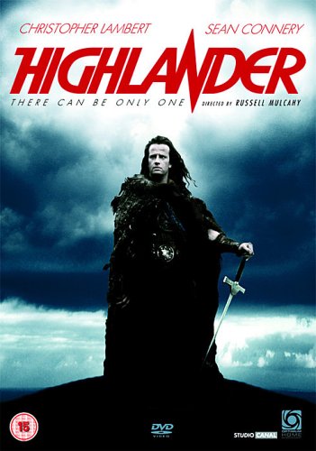 Highlander DVD cover featuring Christopher Lambert holding a sword against a stormy sky.