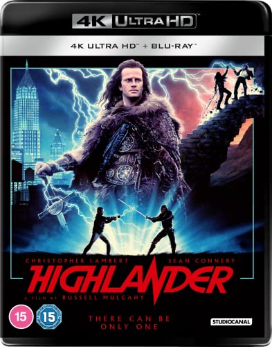 Highlander" 4K UHD and Blu-ray cover featuring sword-fighting figures and lightning.