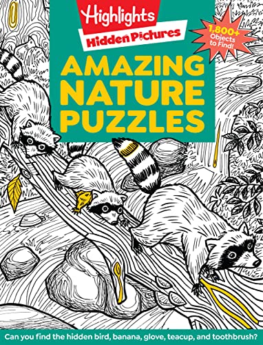Highlights puzzle book with raccoons and nature scenes, black and white line art.