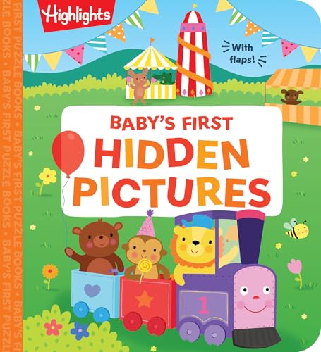 Colorful children’s book cover with animals, a train, and “Baby’s First Hidden Pictures.”