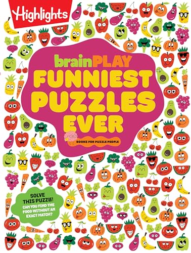 Colorful puzzle book cover with cartoon fruits and the title "brainPLAY Funniest Puzzles Ever".