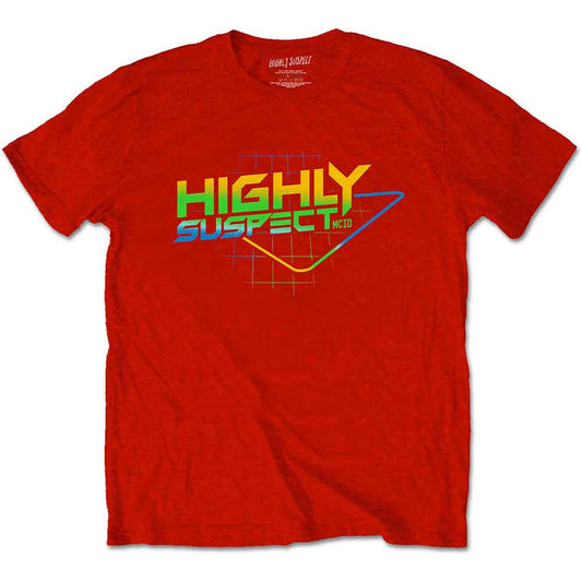 Red t-shirt with colorful "Highly Suspect" band logo graphic.