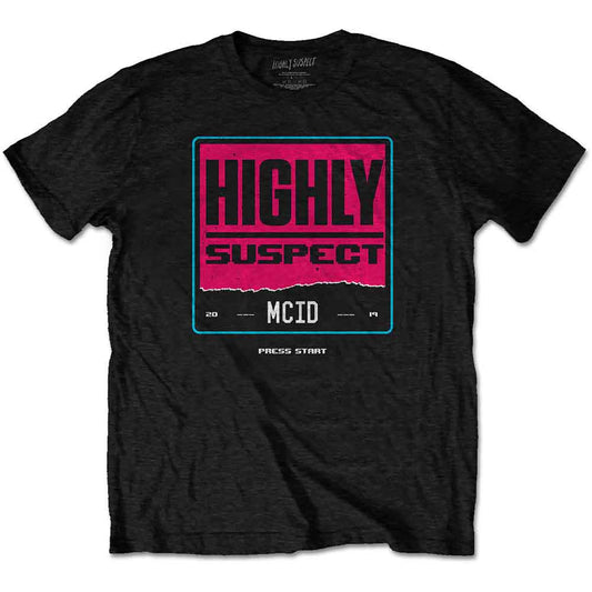 Black t-shirt with pink and blue "Highly Suspect" band logo graphic.