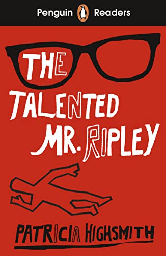 Book cover for The Talented Mr. Ripley with black glasses, a body outline, red background.