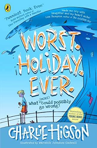 Book cover featuring a boy standing by a railing under a large blue wave.