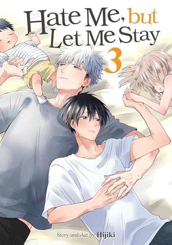 Manga cover: four characters, a man holding a baby, romantic theme.