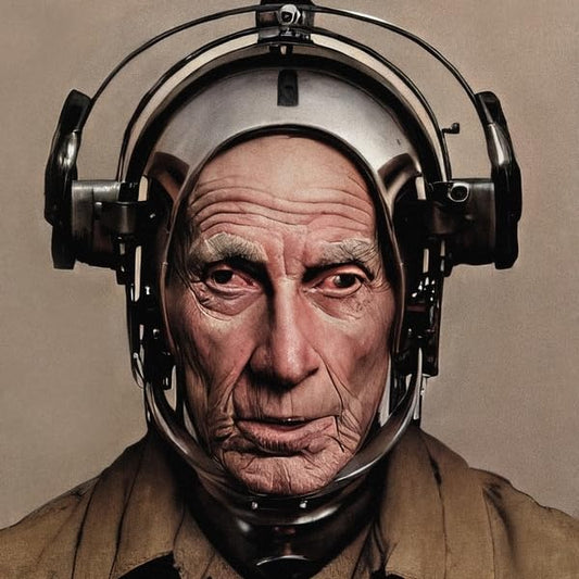 Close-up portrait of an elderly man wearing a complex, metallic headset.