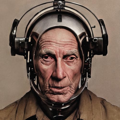 Close-up portrait of an older man wearing a metallic, complex headset.