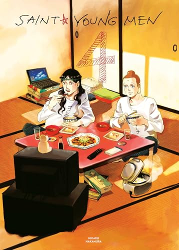 Manga cover: Jesus and Buddha relaxing with food and technology.