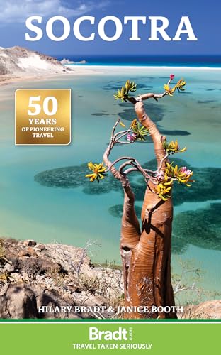 Book cover: "Socotra" with a dragon blood tree and turquoise water.