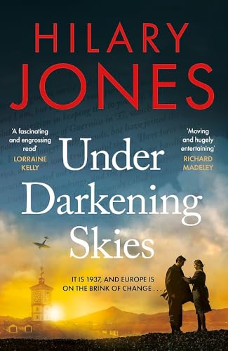 Book cover: “Under Darkening Skies” by Hilary Jones, depicting a couple and airplane.