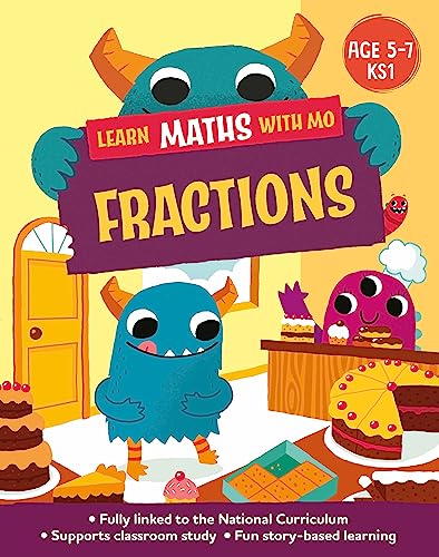 Children’s book cover with blue monsters and cakes illustrating fractions.