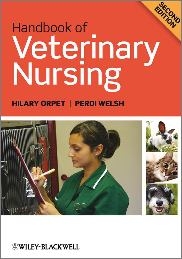 Red textbook cover, “Handbook of Veterinary Nursing,” with veterinary staff and animals.