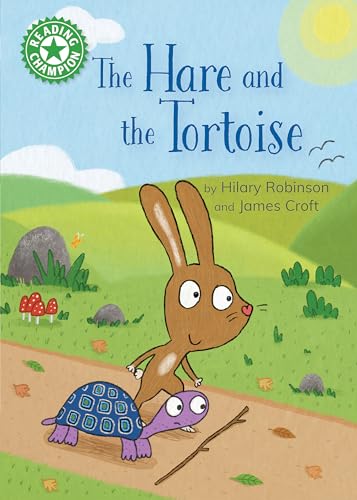 Book cover: hare and tortoise on a path, green grassy hills.