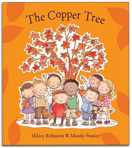 Book cover with a copper tree and children holding leaf shapes.
