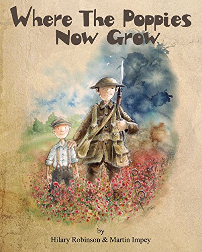 "Book cover featuring a soldier and boy standing in a poppy field."