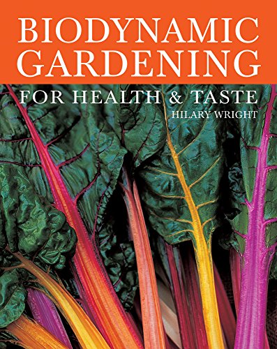 Book cover with colorful Swiss chard and title “Biodynamic Gardening.”