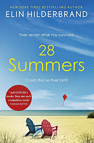 Book cover for 28 Summers by Elin Hilderbrand showing two beach chairs on sand.