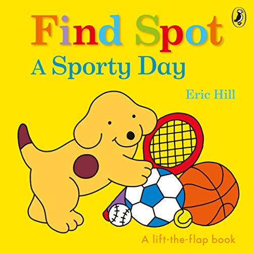 Spot the yellow puppy with sports balls and a racket on a yellow background.