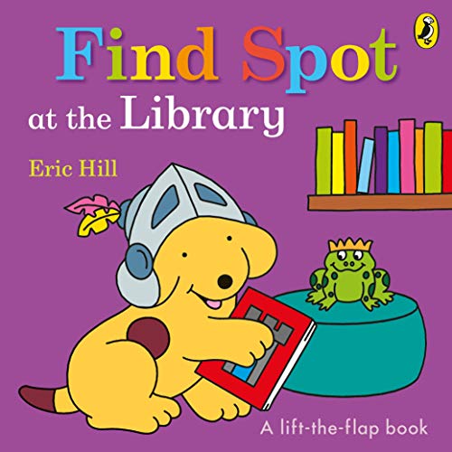 Yellow dog Spot with a book, a frog, and library bookshelves.