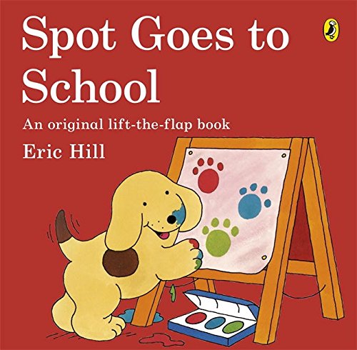 "Children's book cover featuring a dog painting on an easel, red background."